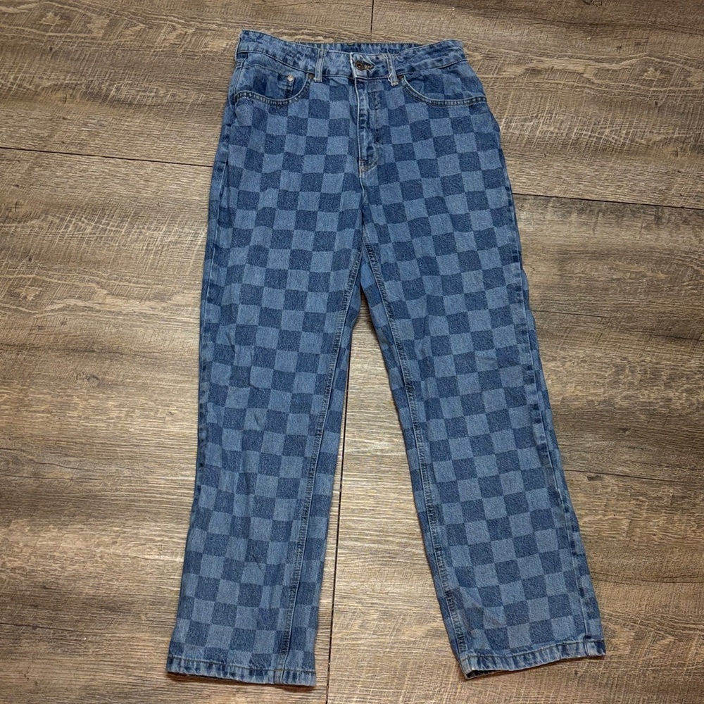 Classic Checkered Blue Women's Straight Jeans